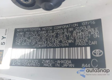 2016 Toyota Prius Three from USA, damaged, VIN JTDKARFU9G3027694